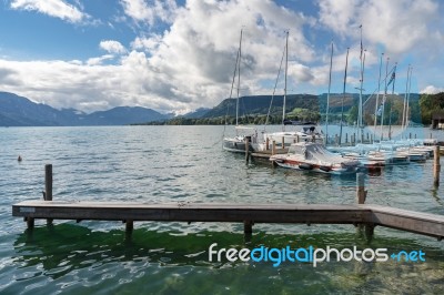 Yachts Moored On The Lake At Attersee Stock Photo