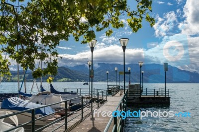 Yachts Moored On The Lake At Attersee Stock Photo