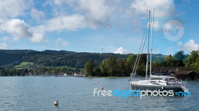 Yachts Moored On The Lake At Attersee Stock Photo