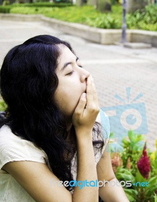 Yawning Tired Woman Stock Photo