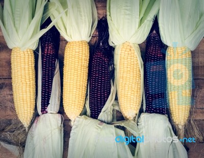 Yellow And Red Corns Are On Wooden Table Stock Photo