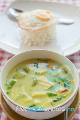 Yellow Curry With Tofu And Fried Egg,thai Menu Stock Photo