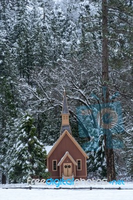 Yosemite Chapel Winter Stock Photo