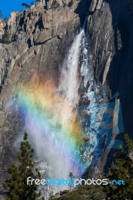 Yosemite Fall With Rainbow Stock Photo