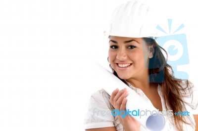 Young Architect Holding Blue Prints On Her Shoulder Stock Photo