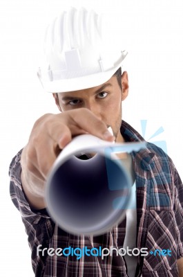 Young Architect Pointing His Blueprint Stock Photo