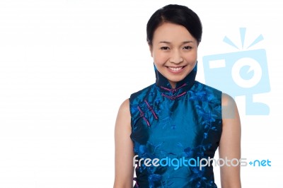 Young Attractive Chinese Woman In Blue Dress Stock Photo