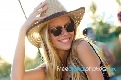 Young Attractive Woman With Hat On A Summer Day Stock Photo