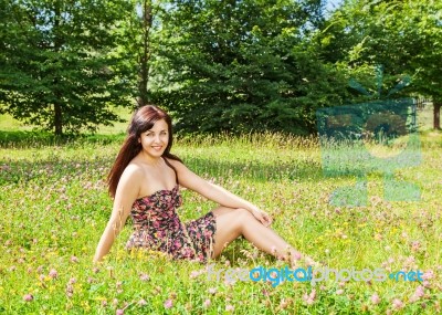 Young Beautiful Brunette Sitting On The Grass Stock Photo