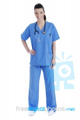 Young Beautiful Female Nurse, Full Length Stock Photo