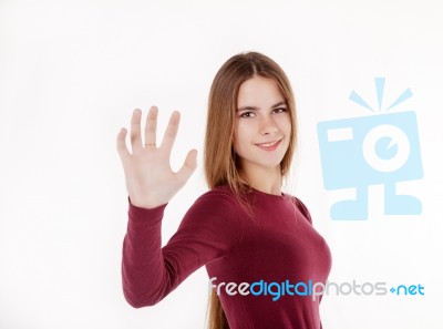 Young Beautiful Girl Holding An Imaginary Plate Stock Photo