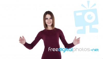 Young Beautiful Girl Shows A Sign Big Isolated On White Stock Photo