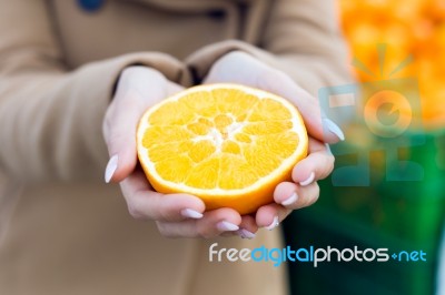 Young Beautiful Woman Shopping Fruit In A Market Stock Photo