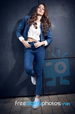 Young Beautiful Woman With Denim Suit Stock Photo