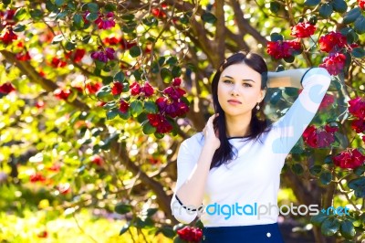 Young Beautiful Woman With Long Straight Dark Hair Posing In Spr… Stock Photo