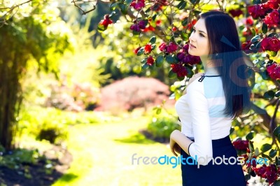 Young Beautiful Woman With Long Straight Dark Hair Posing In Spr… Stock Photo