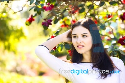 Young Beautiful Woman With Long Straight Dark Hair Posing In Spr… Stock Photo