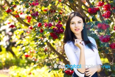 Young Beautiful Woman With Long Straight Dark Hair Posing In Spr… Stock Photo