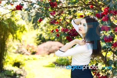 Young Beautiful Woman With Long Straight Dark Hair Posing In Spr… Stock Photo