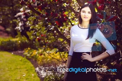 Young Beautiful Woman With Long Straight Dark Hair Posing In Spr… Stock Photo