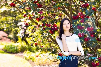 Young Beautiful Woman With Long Straight Dark Hair Posing In Spr… Stock Photo