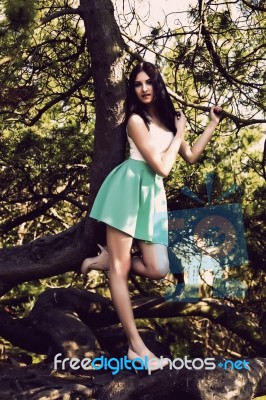 Young Beutiful Tall Woman With Long Straight Dark Hair Posing In… Stock Photo