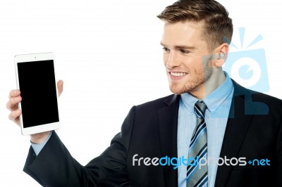 Young Business Man Presenting New Tablet Pc Stock Photo