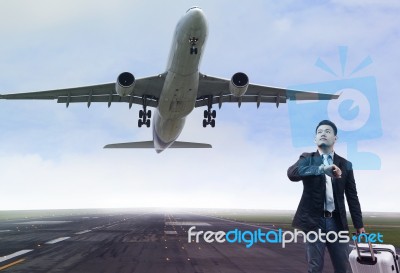 Young Business Man Standing In Airport Runways With Belonging Lu… Stock Photo