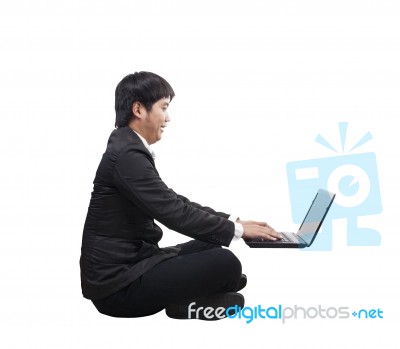 Young Business Man Working On Computer Laptop With Happy And Fun… Stock Photo