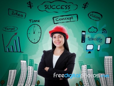 Young Business Woman Has Many Ideas On Business Background Stock Photo