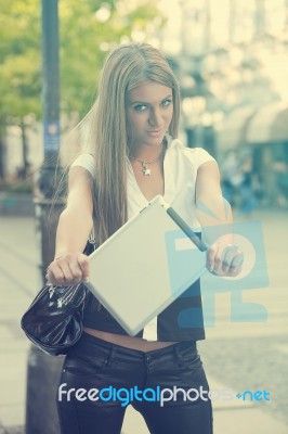 Young Business Woman With Tablet Computer Walking On Urban Stree… Stock Photo