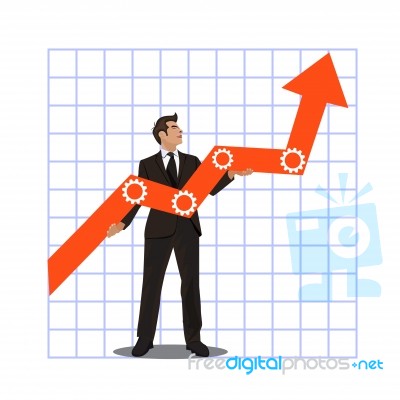 Young Businessman Holding Arrow Going Up. Successful Businessman With Growth Graph Stock Image