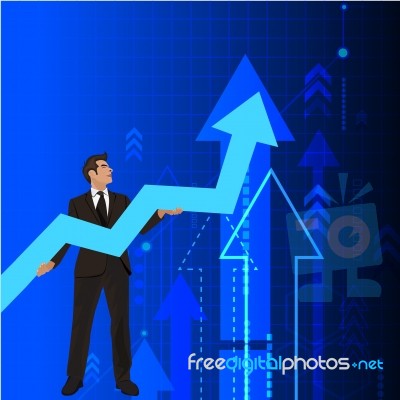 Young Businessman Holding Arrow Going Up. Successful Businessman With Growth Graph Stock Image