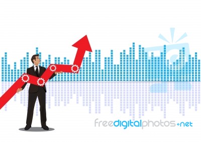 Young Businessman Holding Arrow Going Up. Successful Businessman With Growth Graph Stock Image