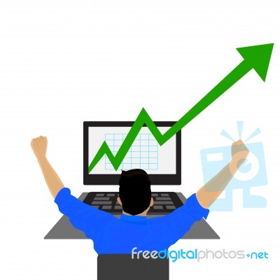 Young Businessman Looking At A Stock Market Graph With Growth Arrow  Stock Image