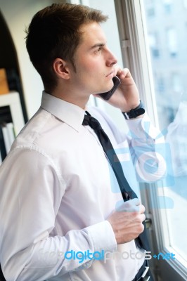 Young Businessman Using His Mobile Phone In Office Stock Photo