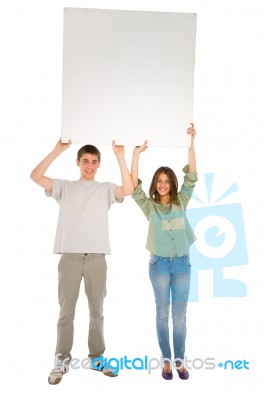 Young Couples Holding Blank Board Stock Photo