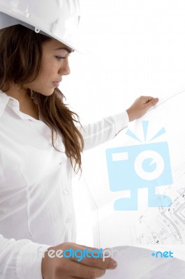 Young Female Architect Holding Open Blue Prints Stock Photo