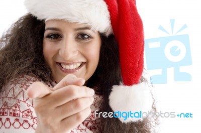 Young Female Wearing Christmas Hat Stock Photo