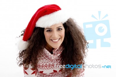 Young Female Wearing Christmas Hat Stock Photo