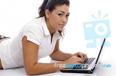 Young Female Working On Laptop Stock Photo