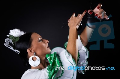 Young Flamenco Dancer In Beautiful Dress On Black Background Stock Photo