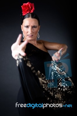 Young Flamenco Dancer In Beautiful Dress On Black Background Stock Photo