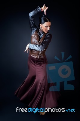 Young Flamenco Dancer In Beautiful Dress On Black Background Stock Photo