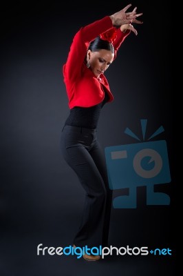 Young Flamenco Dancer In Beautiful Dress On Black Background Stock Photo