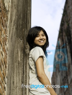 Young Girl At Wat Maheyong Temple. Ayutthaya Province - Thailand… Stock Photo