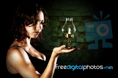 Young Girl Holding A Retro Lantern Stock Photo