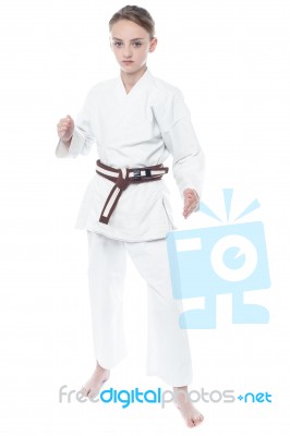 Young Girl Practicing Karate Stock Photo