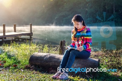 Young Girl Reading A Book In The Park Stock Photo