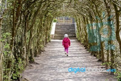 Young Girl Running Through An Arch Of Beech Trees Stock Photo